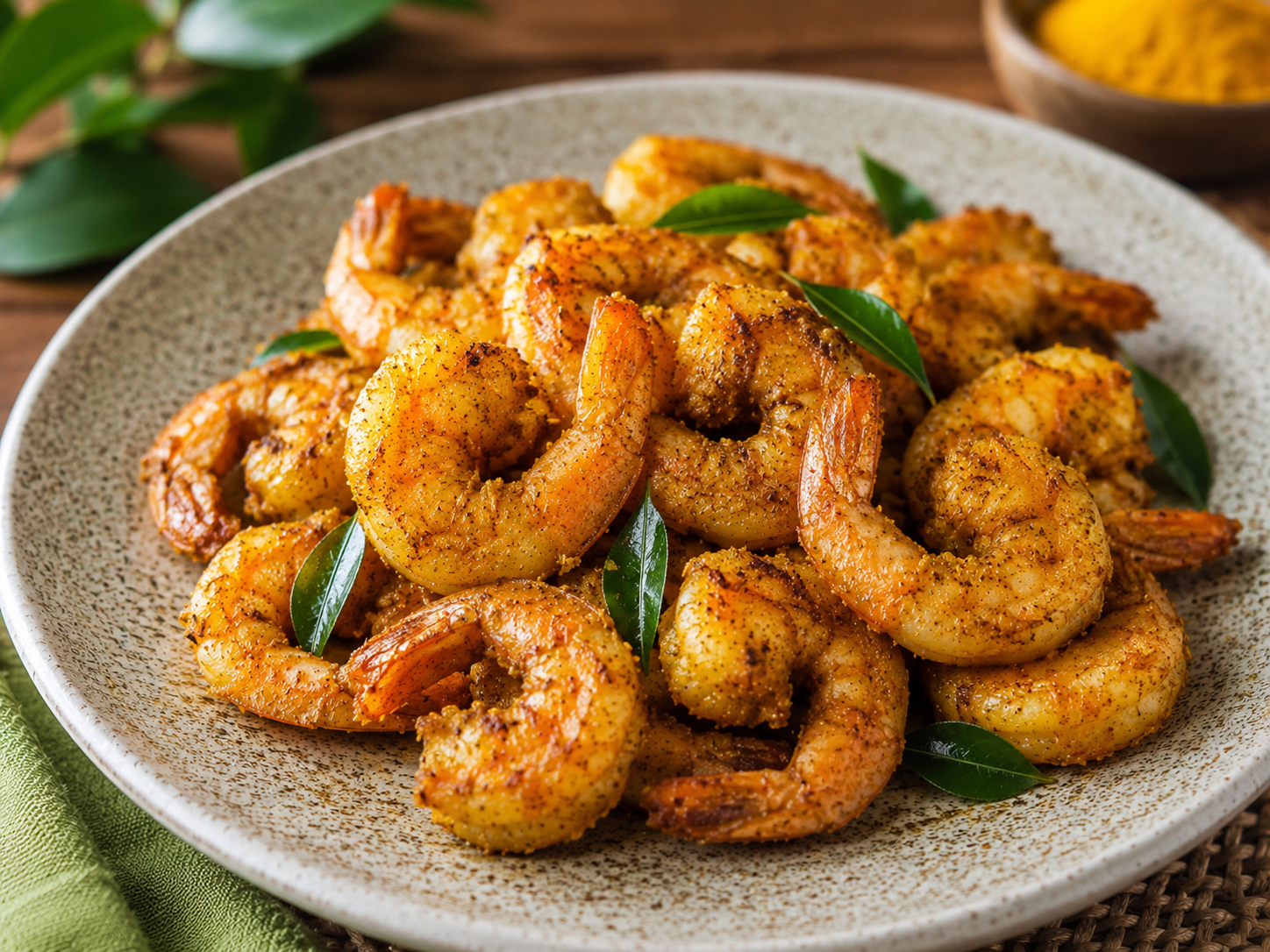 Des crevettes snackées aromatisé avec du curry de madras