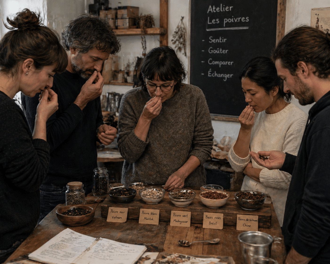 Des personnes sentent des poivres lors d'un atelier