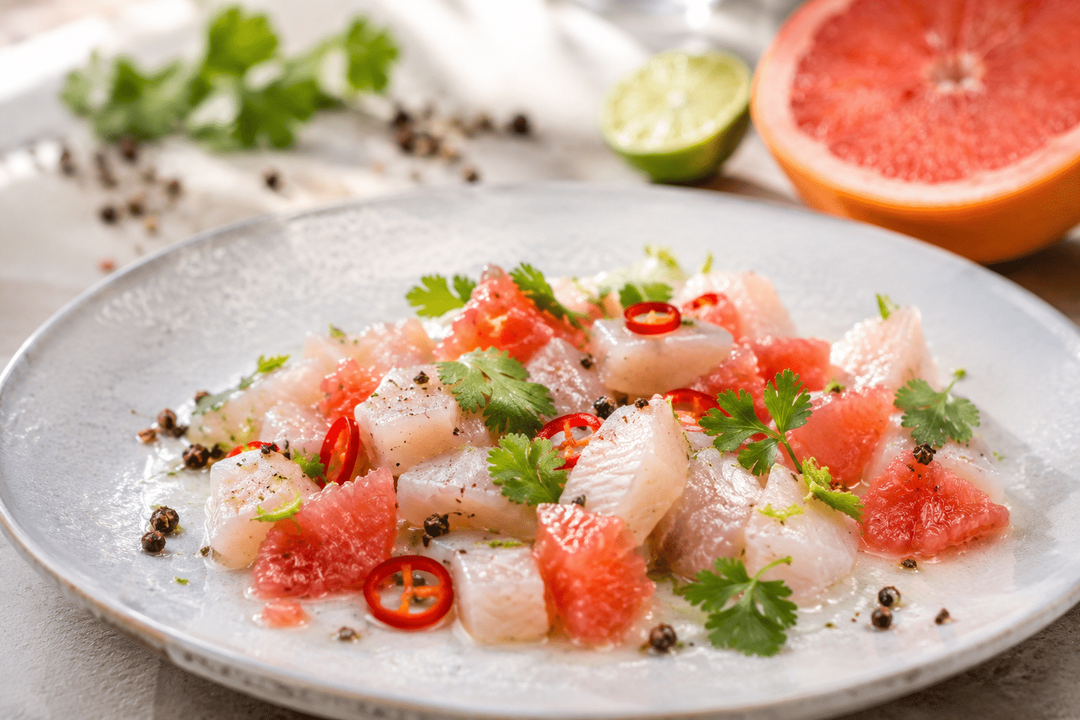 Une assiette de ceviche aux agrumes et baies de Timut