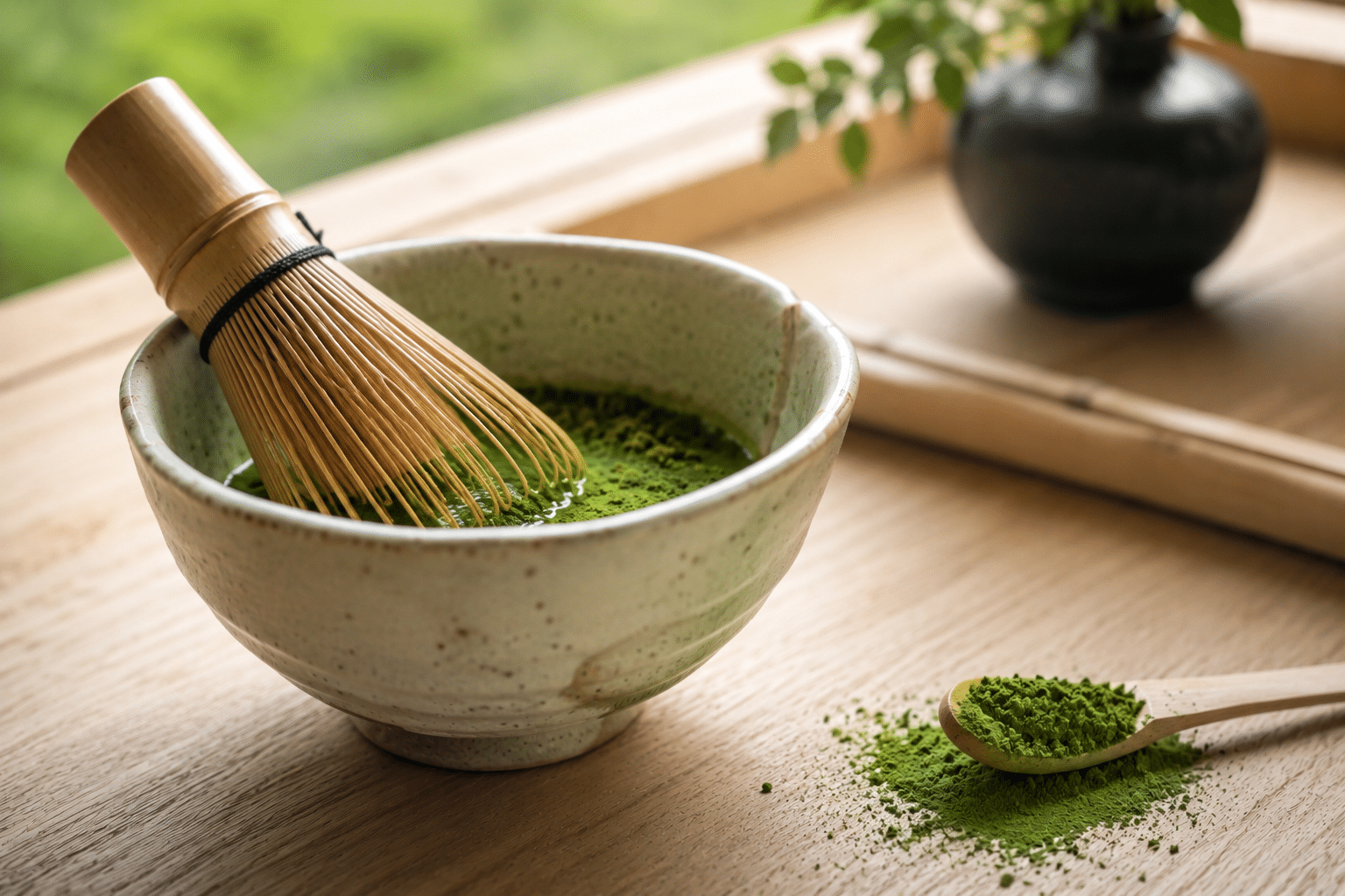 Bol de matcha qui va être fouetté.