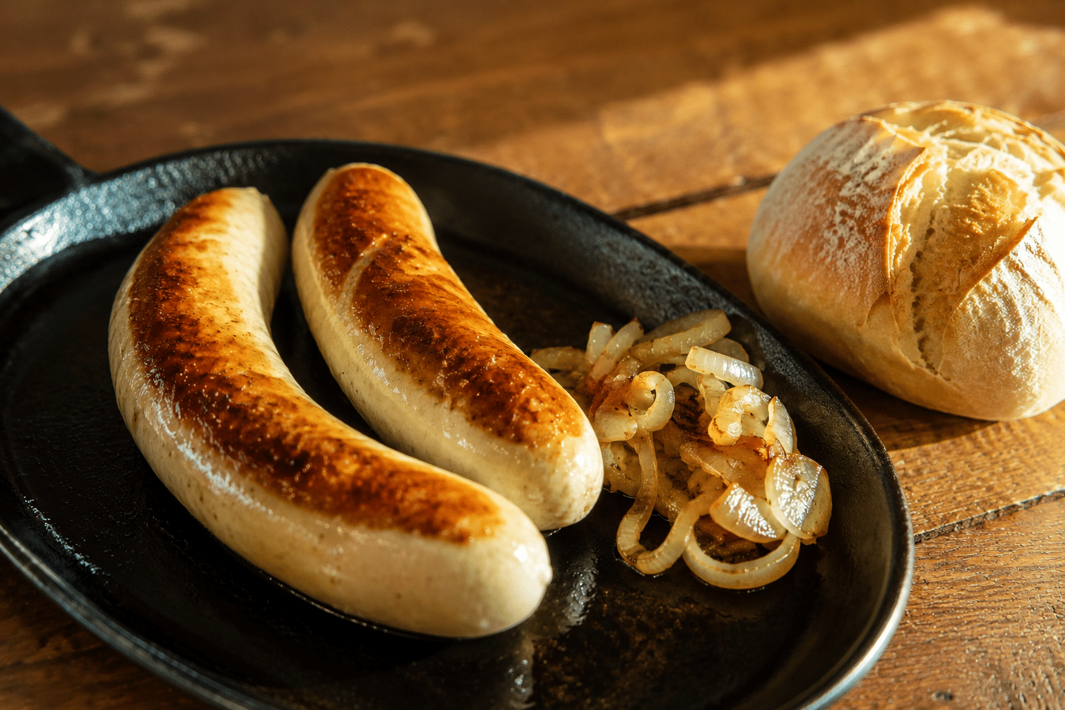 Une poêle avec deux saucisses de St Gall, des oignons blanc et une miche de pain.