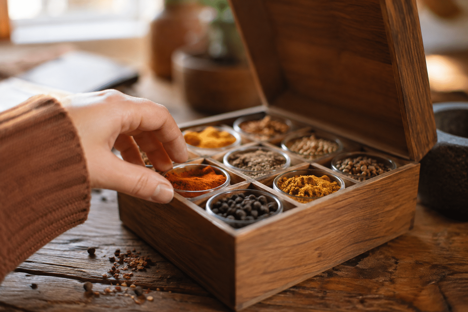 Un coffret en bois avec 9 épices différentes.