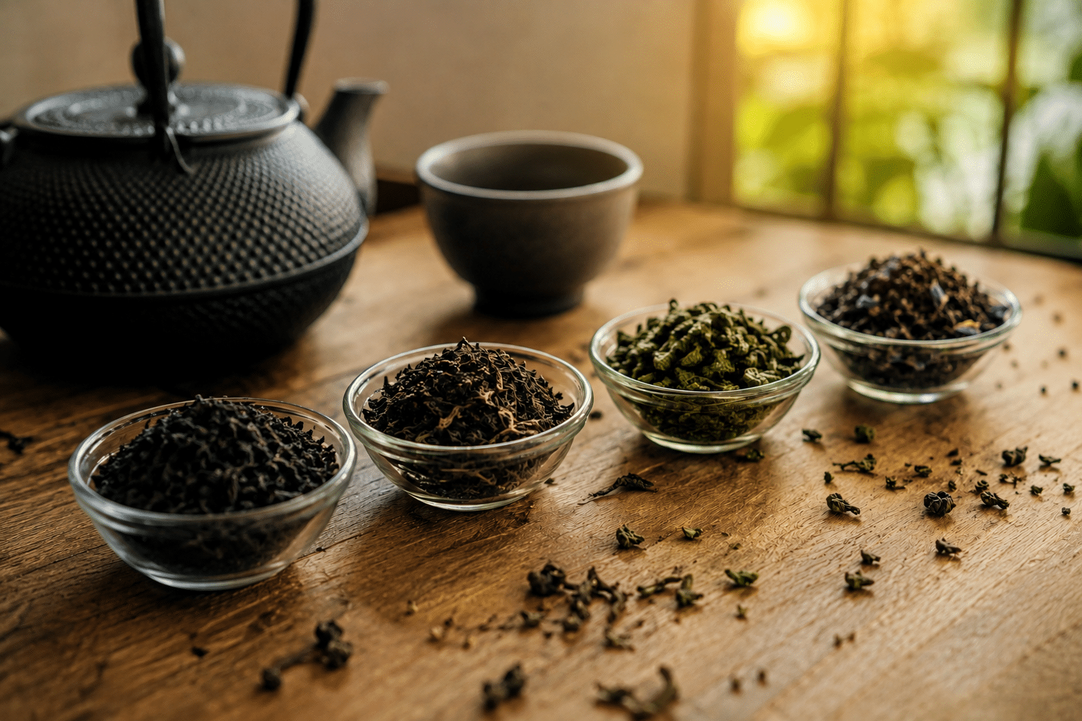 4 pots de thés variés avec la théière en fond.