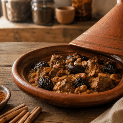 Un tajine d'agneau aux pruneaux et ras-el-hanout sur une table.