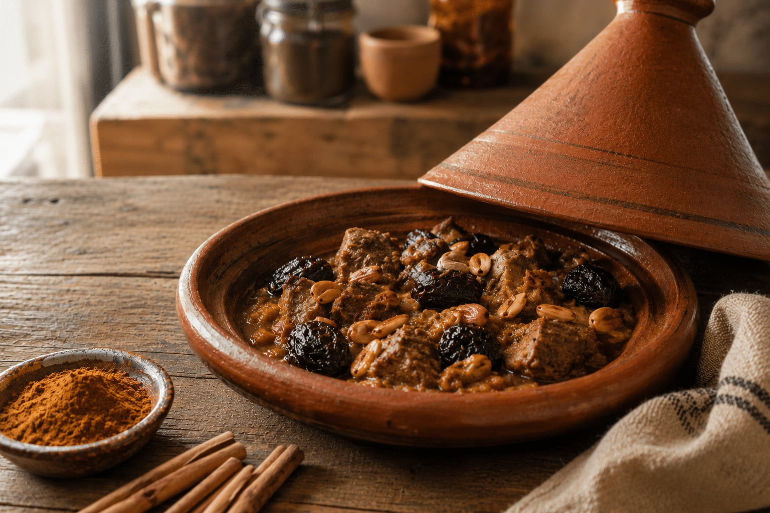 Un tajine d'agneau aux pruneaux et ras-el-hanout sur une table.