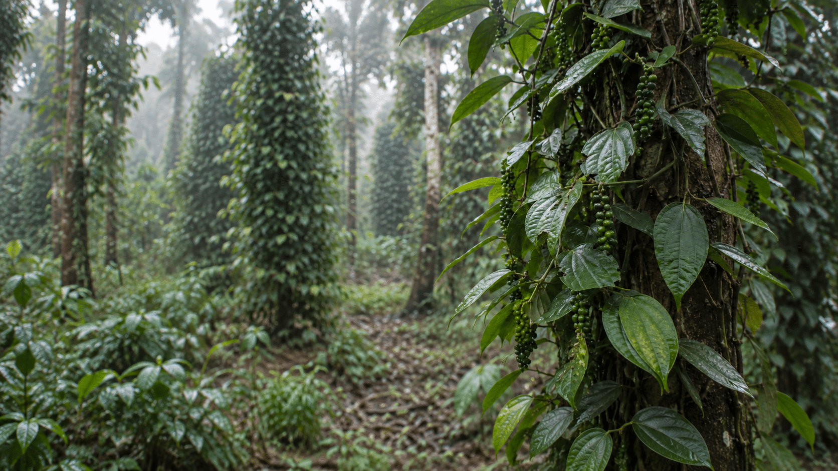 Une plantation de poivres dans la forêt.