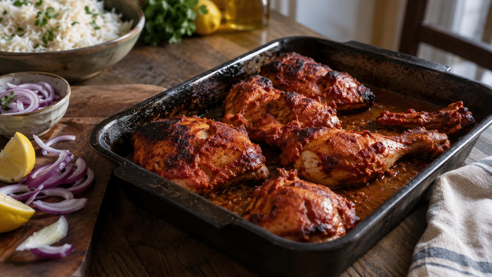 Un plat avec du poulet tandoori et ses accompagnements.
