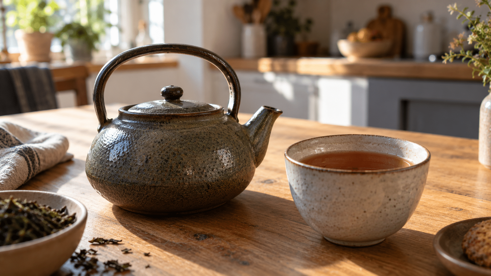 Une théière et une tasse de thé posé sur une cuisine.